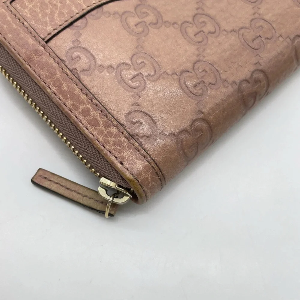 Auth GUCCI GG Guccissima Pink Leather Long Wallet W/GG Gold Accents & dust bag